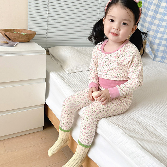 Baby boneless high -waisted autumn clothing baby cotton nursing belly, autumn pants children's autumn and winter warm underwear girl boys set
