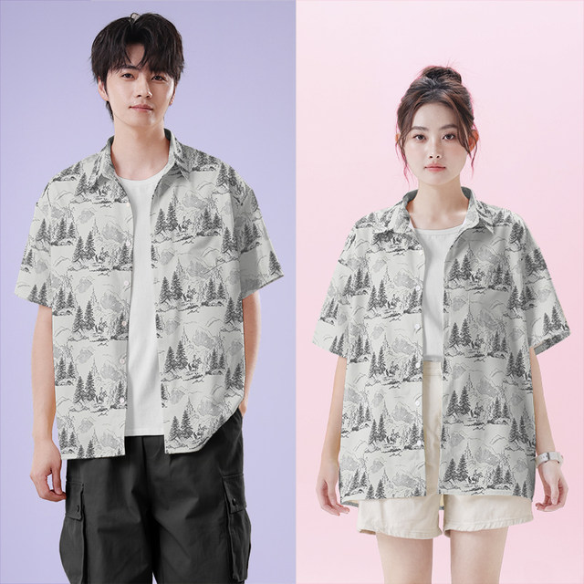 Western denim illustration plant forest forest series large-size short-sleeved shirt men's and women's European and American style design

