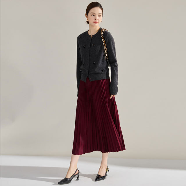 24 autumn and winter Ankela red pleated mid-length skirt commuting versatile high waist covering flesh to make you look thin and pleated skirt 15886
