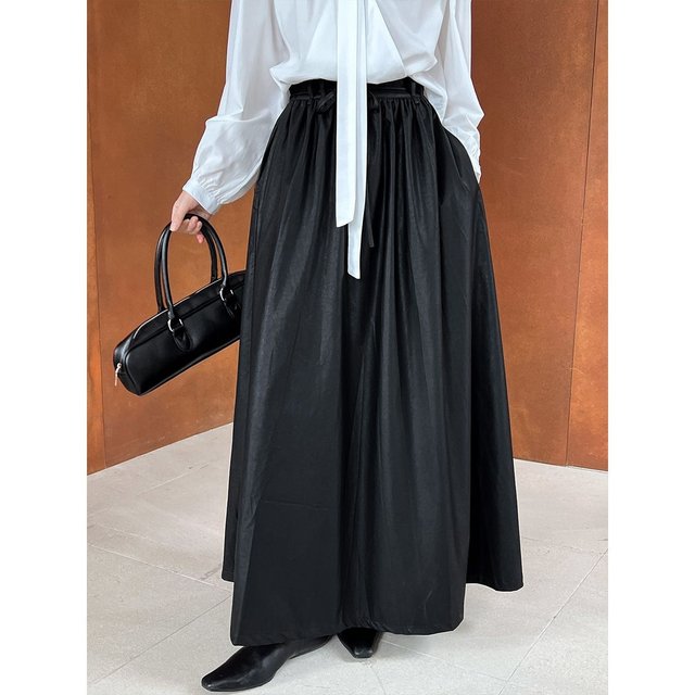 Retro Pu leather drooping half skirt female autumn high waist lace lace pleated mid -length skirt 9695 strong women's clothing
