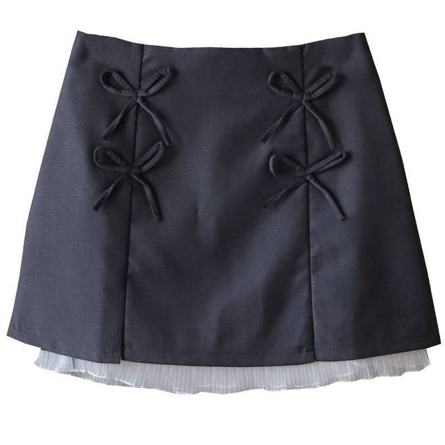 2025 summer new Korean version gauze mesh splicing bow suit skirt women's A-line short skirt 3683 Qiangming women's clothing