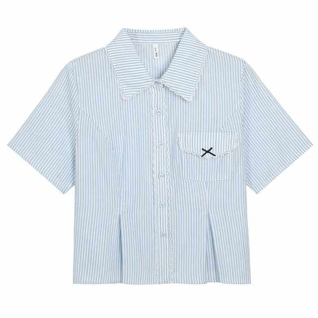 Blue lace striped waist design sense short -sleeved shirt, large size fat MM, thin shirt 63458 strong women's clothing
