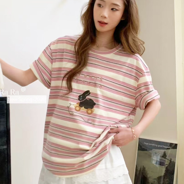 Gray striped T-shirt for women in summer loose cotton short-sleeved 2025 new large-size T-shirt embroidered top half sleeve
