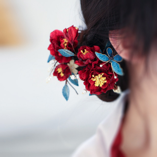 Butterfly hairpin red camellia cheongsam antique style toasting attire Chinese hairpin hair accessories bridal headwear