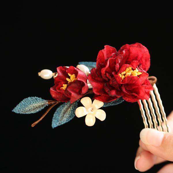 Butterfly hairpin red camellia cheongsam antique style toasting attire Chinese hairpin hair accessories bridal headwear