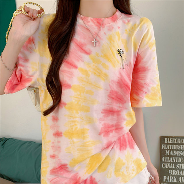 Pink gradient short-sleeved T-shirt for women 2025 new summer American tie-dye design niche trendy brand loose top