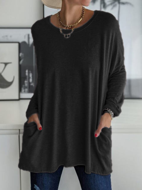 ebay Amazon wish spring, autumn and winter new style European and American round neck long sleeve loose pocket solid color T-shirt casual women
