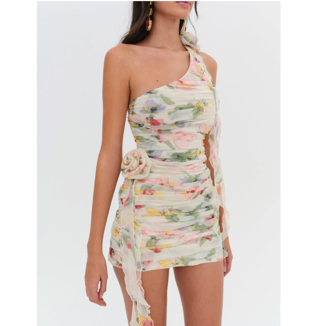 For Love and Lemons 24 spring and summer new style pleated chiffon printed one-shoulder dress