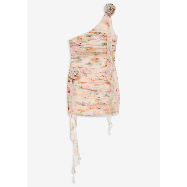 For Love and Lemons 24 spring and summer new style pleated chiffon printed one-shoulder dress