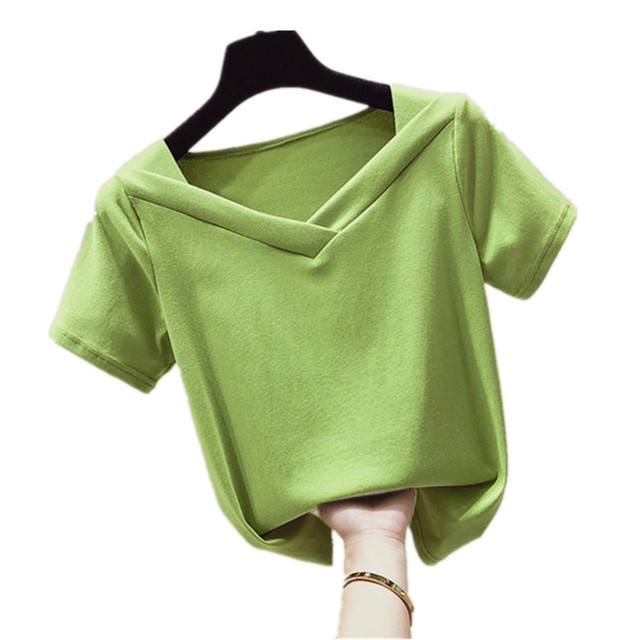 Green V-neck slim short-sleeved women's T-shirt 2025 summer new Korean version white half-sleeved ins internet celebrity short top
