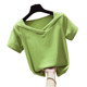 Green V-neck slim short-sleeved women's T-shirt 2025 summer new Korean version white half-sleeved ins internet celebrity short top
