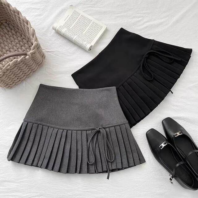 Korean American style design bow tie pleated skirt for women in spring and autumn new high-waisted slim A-line skirt