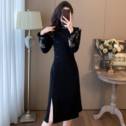 New Chinese style national style high-end cheongsam black dress autumn and winter new senior feel thin mid-length dress temperament