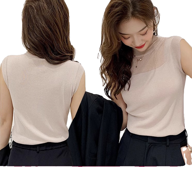 Large size half-high neck ice silk suspender vest for women in summer, knitted base hollow sleeveless top, fat mm