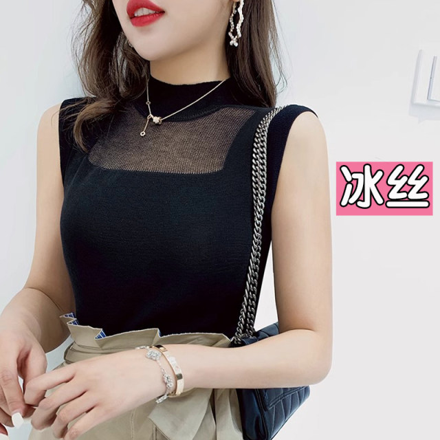 Large size half-high neck ice silk suspender vest for women in summer, knitted base hollow sleeveless top, fat mm