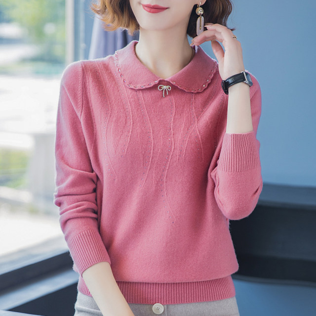 100 pure cardigan women's short sweater 2025 new autumn and winter doll collar age-reducing loose knitted base shirt