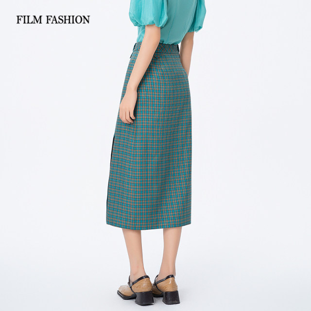 
One movie and one fashion summer new retro high waist plaid straight slit skirt women's design sense niche