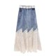 European lace spliced ​​denim skirt for women in 2025 summer hot high waist irregular fake two-piece midi skirt
