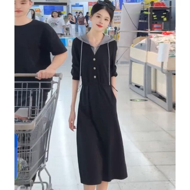 Autumn new women's fake two pieces of stitching long -sleeved dress women's casual temperament, waist, thin middle long skirt