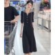 Autumn new women's fake two pieces of stitching long -sleeved dress women's casual temperament, waist, thin middle long skirt