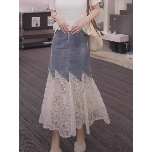European lace spliced ​​denim skirt for women in 2025 summer hot high waist irregular fake two-piece midi skirt
