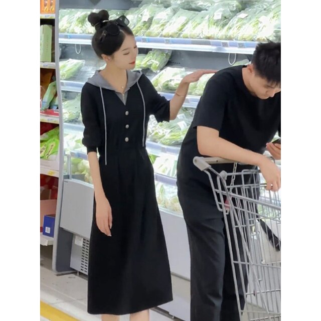 Autumn new women's fake two pieces of stitching long -sleeved dress women's casual temperament, waist, thin middle long skirt