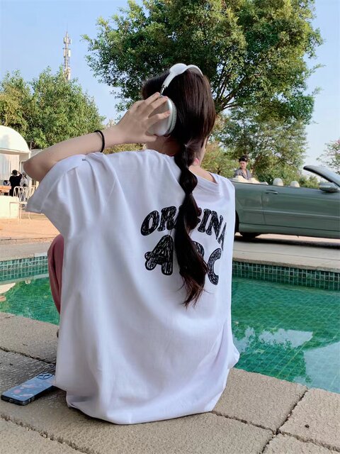 Cartoon printing pollen pink short -sleeved T -shirt female ins in summer half -sleeved leisure, loose, lazy style wild top