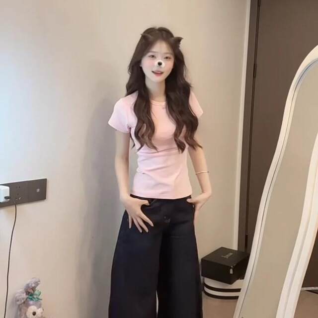 Korean pink front shoulder round neck short-sleeved T-shirt for women in summer 2025 new basic retro slim short top