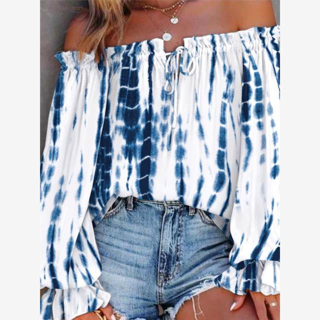 European and American vacation -style top spring and summer women's sexy shoulder -shaped collar shirts lace -up printed long -sleeved shirt
