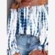 European and American vacation -style top spring and summer women's sexy shoulder -shaped collar shirts lace -up printed long -sleeved shirt
