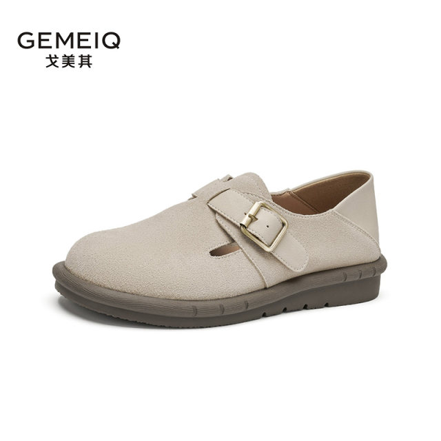 
Gomeki leather Birkenstock shoes for women 2025 spring new round toe retro flat sole one-foot heel half-tugging shoes
