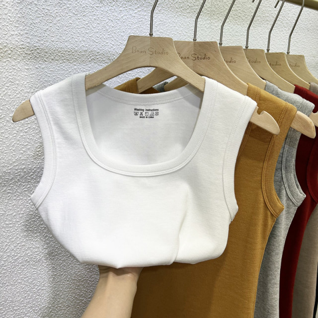 2025 new summer breast-covering sleeveless vest threaded cotton slim fit and slim front shoulder square collar collar tight body