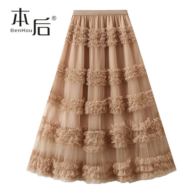 1276 Heavy Industry Sweet Lace Cake Skirt Skirt Spring and Summer Women's Long Skirt Gauze Skirt High Waisted Wooden Earring Mesh Skirt