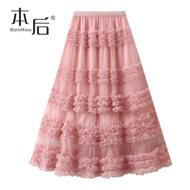 1276 Heavy Industry Sweet Lace Cake Skirt Skirt Spring and Summer Women's Long Skirt Gauze Skirt High Waisted Wooden Earring Mesh Skirt