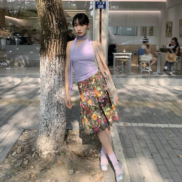 American retro flower print pleated skirt for women 2025 spring and autumn new versatile slim fit A-line midskirt