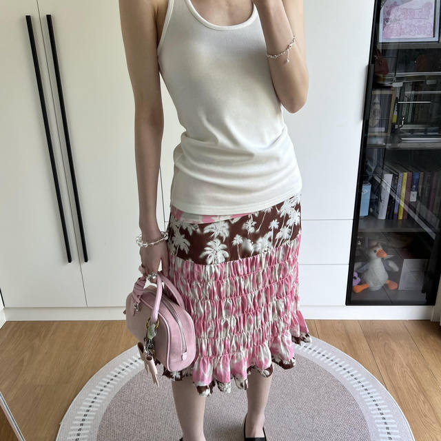 New summer American retro splicing contrasting print wrinkled skirt island atmosphere casual design medium skirt