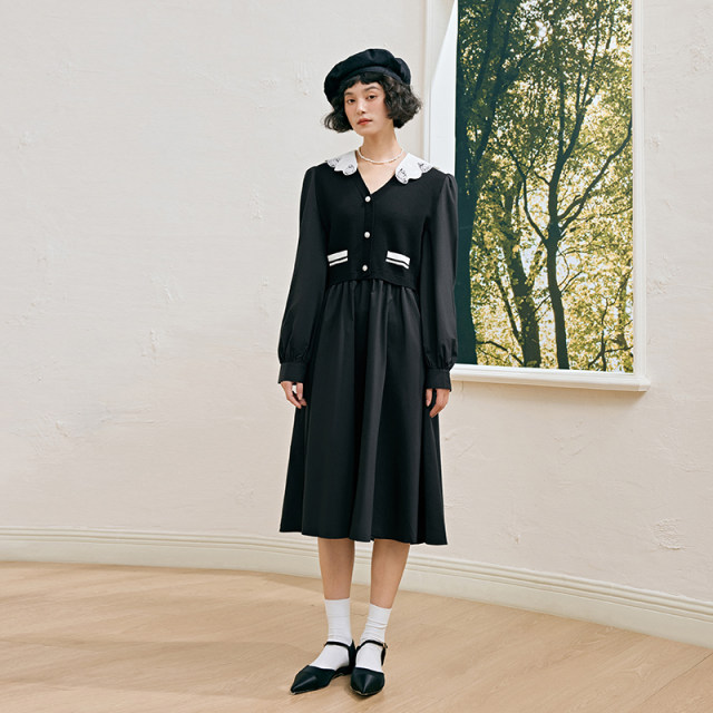 PIT retro temperament, elegant and simple slim dress for women 2024 autumn new little black skirt