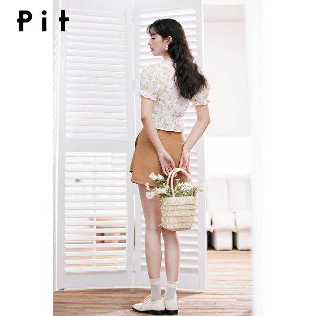 PIT button-down shirt for women in summer new women's floral elastic square collar puff sleeve sweet top