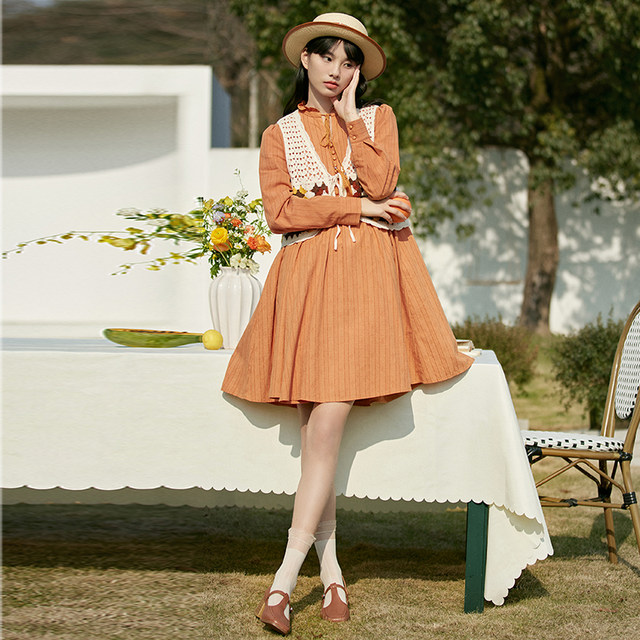 PIT retro orange round neck tie long sleeve dress for women 2024 autumn new loose casual long skirt
