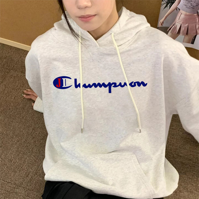 Japanese version of autumn and winter champion hooded pullover sweatshirt for women couple plus velvet thickened loose oversize cotton top for men