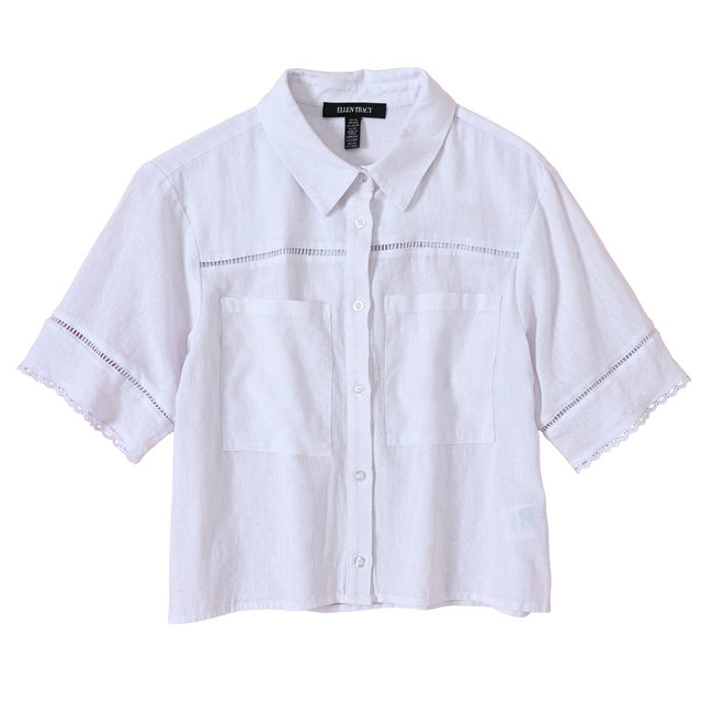 European and American linen lace embroidery spliced ​​short cotton linen casual solid color shirt, foreign trade original single women's clothing large-size summer