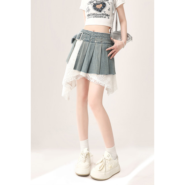 Natural astringent denim irregular lace spliced ​​short skirt 2025 summer new high-waisted girl's skirt
