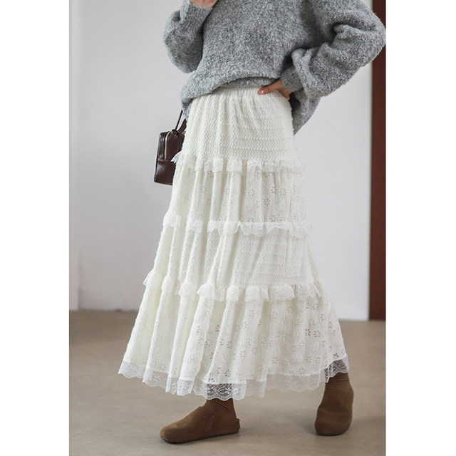 Fildan Lace Cake Layer Spliced ​​Elastic Waist Skirt, slim and sweet bottoming skirt, 8282