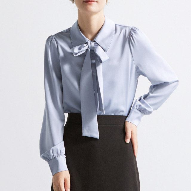 
CHICBLISS Satin Blue Shirt Women's Long Sleeve Temperament Commuter Bow Streamer Shirt Women's Teacher Interview