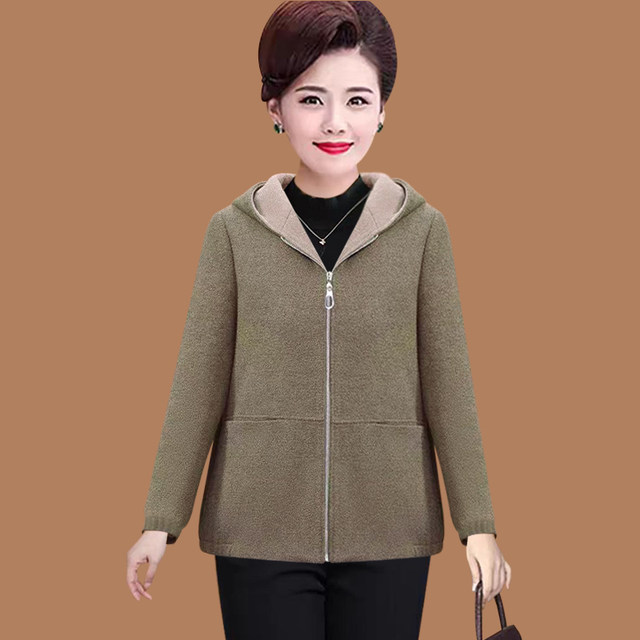 Women's clothing, middle-aged and elderly autumn and winter hooded large size mother's clothing wool jacket, zipper, fashionable wool hooded slim top
