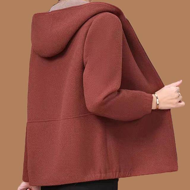 Women's clothing, middle-aged and elderly autumn and winter hooded large size mother's clothing wool jacket, zipper, fashionable wool hooded slim top
