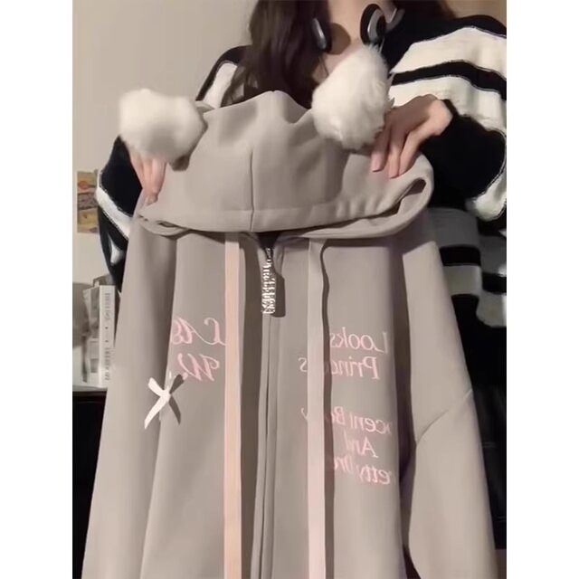 Cat thin hooded sweatshirt for women with spring and autumn 2025 new oversize loose cardigan lazy style jacket