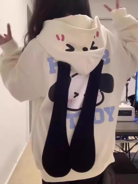 Cute rabbit ear thin hooded sweatshirt for women in spring and autumn 2025 new oversize loose cardigan lazy jacket
