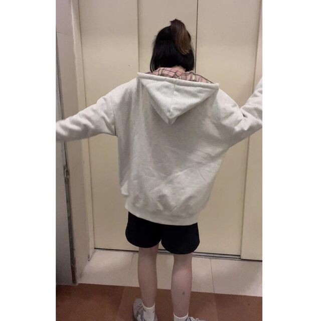 Thin hooded contrasting plaid gray sweatshirt for women oversize loose lazy style cardigan jacket top
