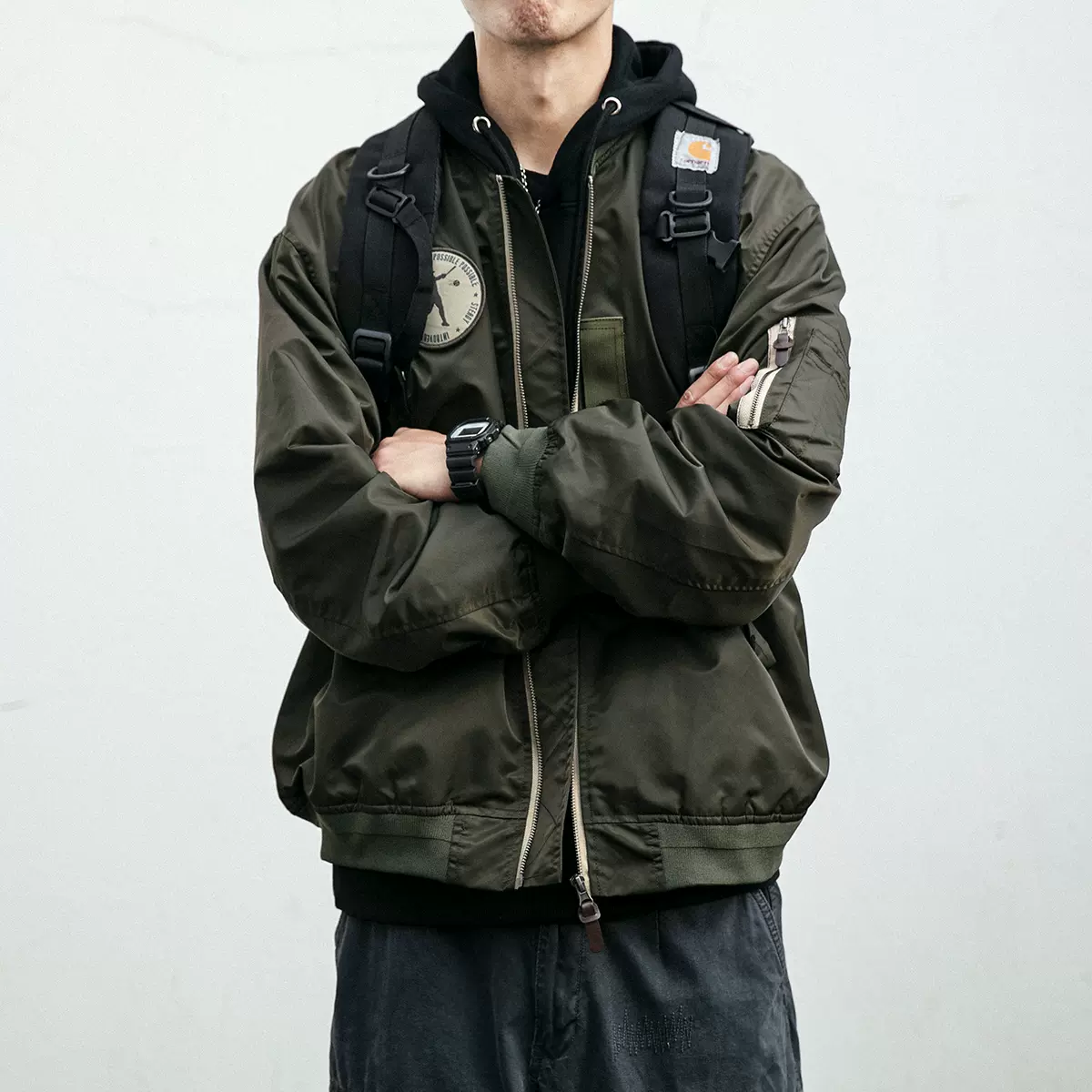 潮牌春秋季美式復古ma 1飛行夾克休閒車標貼設計棒球